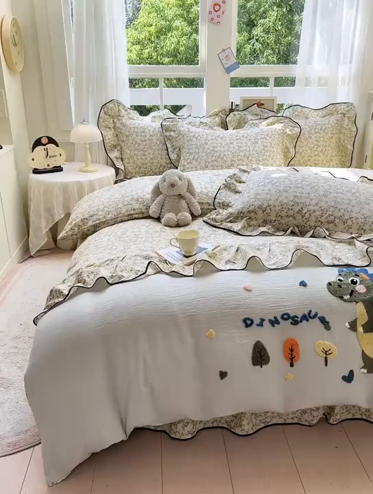 91家纺网 家纺一手货源 找家纺 麋兔 2025新款双层纱毛巾绣花边四件套 恐龙