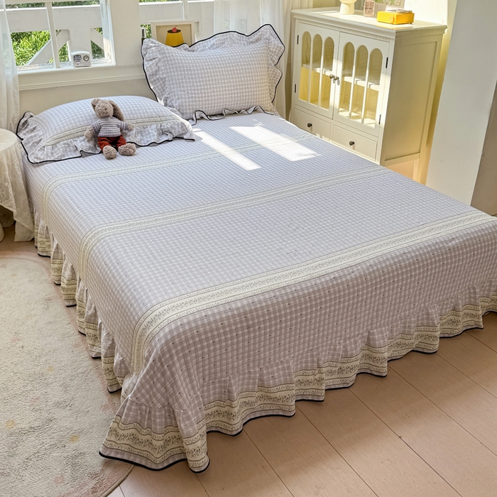 91家纺网 家纺一手货源 找家纺 麋兔 2025新款双层纱毛巾绣花边四件套 苹果免