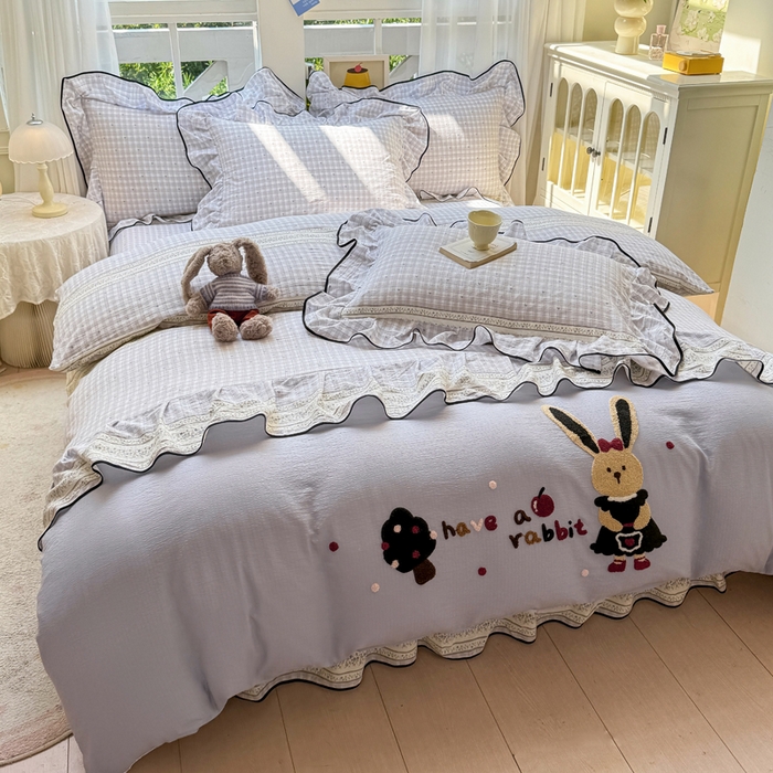 麋兔 2025新款双层纱毛巾绣花边四件套 苹果免