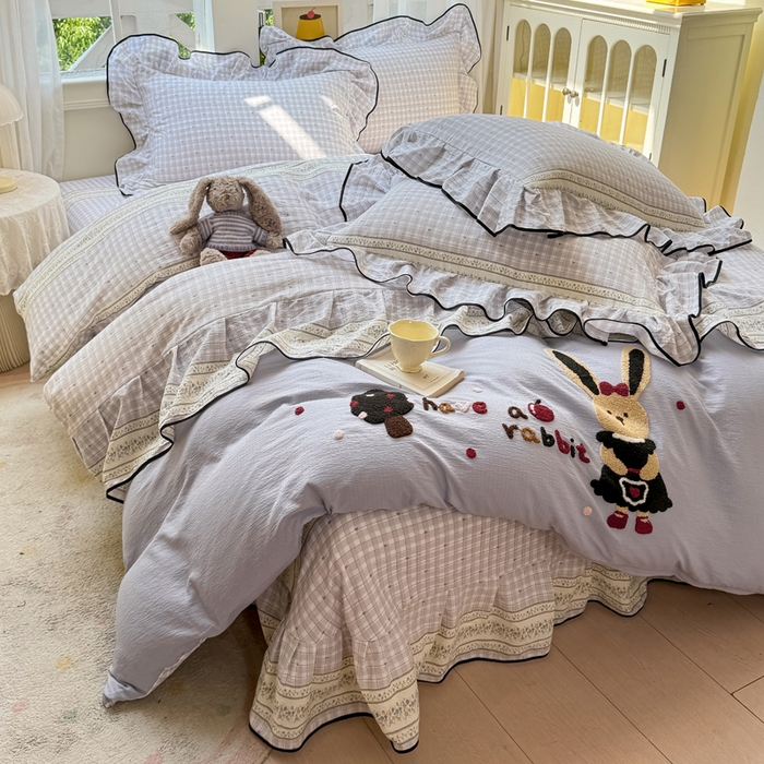 91家纺网 家纺一手货源 找家纺 麋兔 2025新款双层纱毛巾绣花边四件套 苹果免