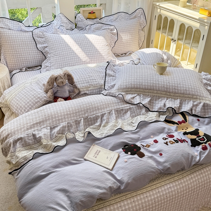 91家纺网 家纺一手货源 找家纺 麋兔 2025新款双层纱毛巾绣花边四件套 苹果免