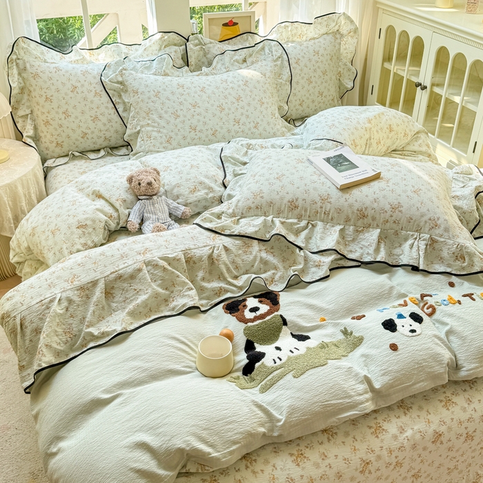 91家纺网 家纺一手货源 找家纺 麋兔 2025新款双层纱毛巾绣花边四件套 旺财