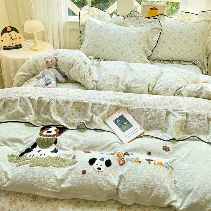 91家纺网 家纺一手货源 找家纺 麋兔 2025新款双层纱毛巾绣花边四件套 旺财