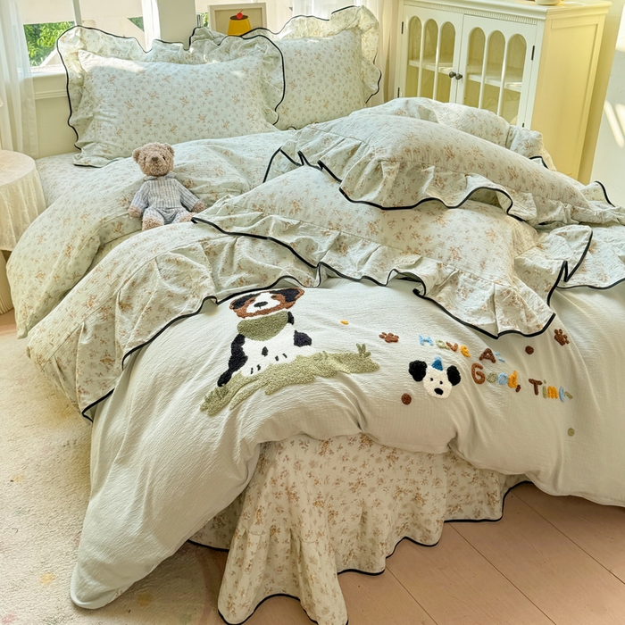 91家纺网 家纺一手货源 找家纺 麋兔 2025新款双层纱毛巾绣花边四件套 旺财