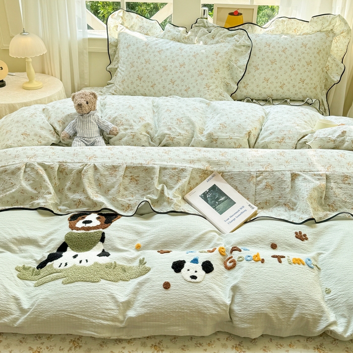 91家纺网 家纺一手货源 找家纺 麋兔 2025新款双层纱毛巾绣花边四件套 旺财