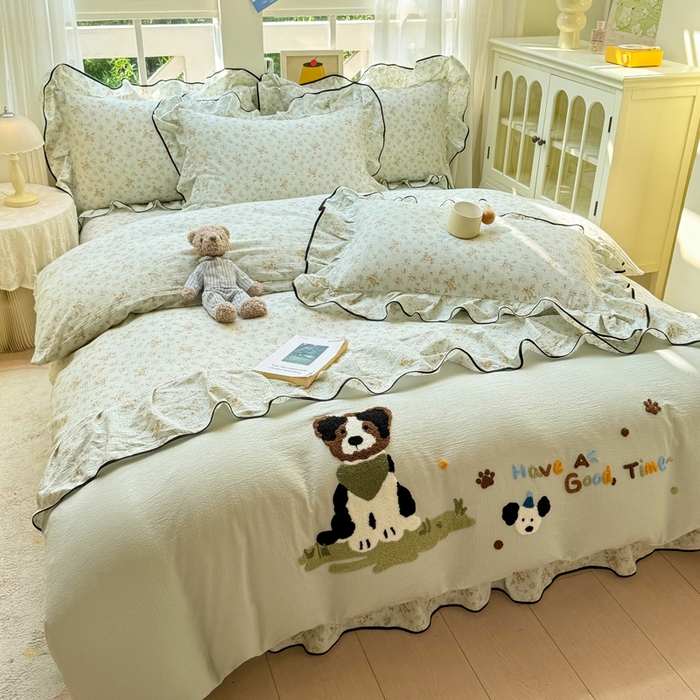 麋兔 2025新款双层纱毛巾绣花边四件套 旺财