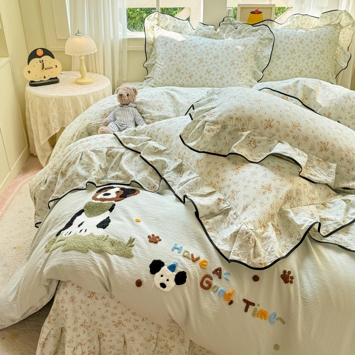 91家纺网 家纺一手货源 找家纺 麋兔 2025新款双层纱毛巾绣花边四件套 旺财