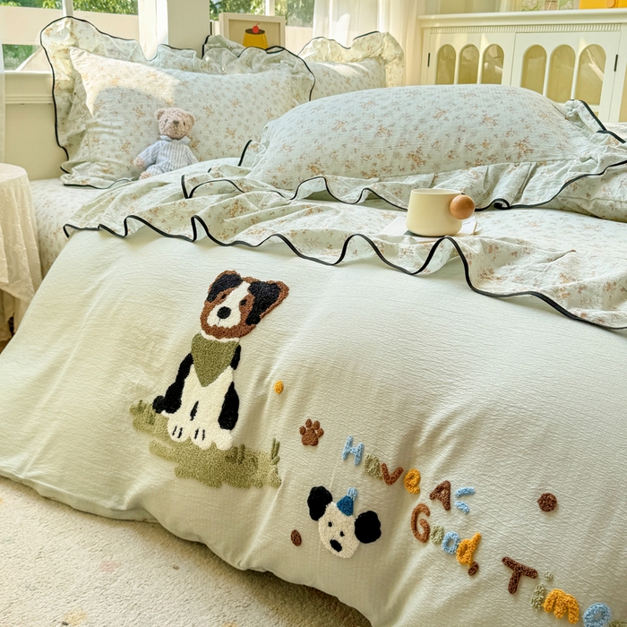 91家纺网 家纺一手货源 找家纺 麋兔 2025新款双层纱毛巾绣花边四件套 旺财