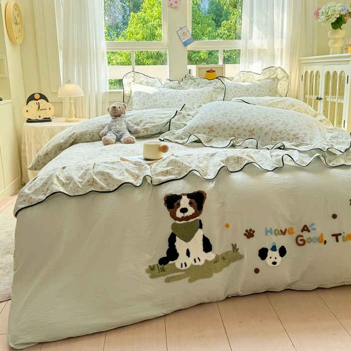 91家纺网 家纺一手货源 找家纺 麋兔 2025新款双层纱毛巾绣花边四件套 旺财