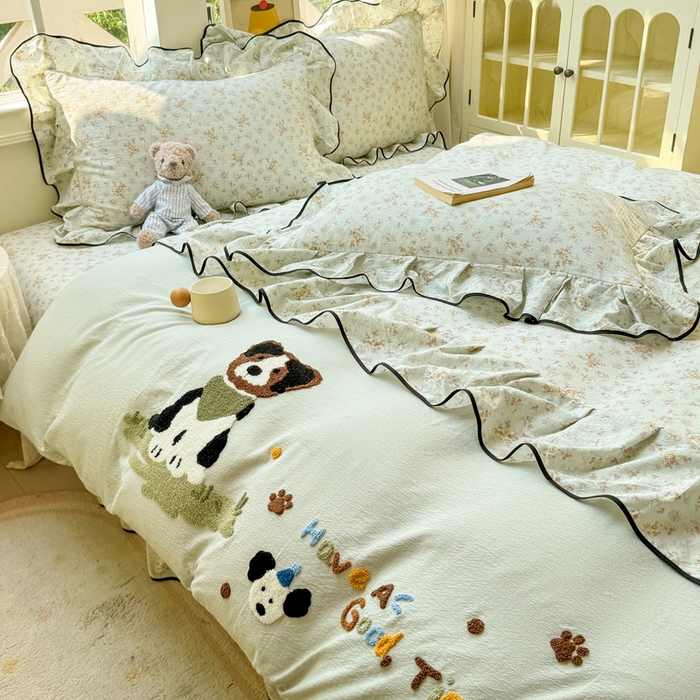 91家纺网 家纺一手货源 找家纺 麋兔 2025新款双层纱毛巾绣花边四件套 旺财