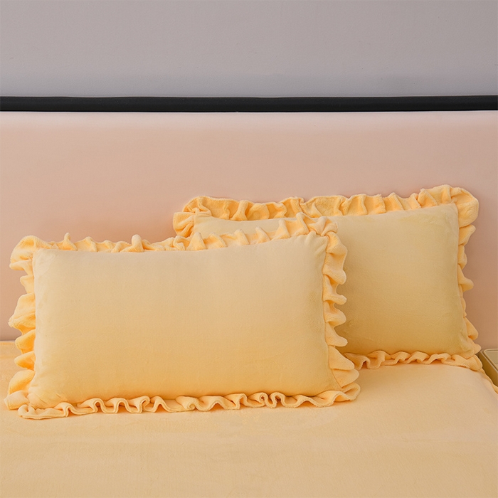 91家纺网 家纺一手货源 找家纺 优家居 2025新款纯色韩版牛奶绒花边床裙床笠四件套单件被套直播爆款 盛世-杏黄