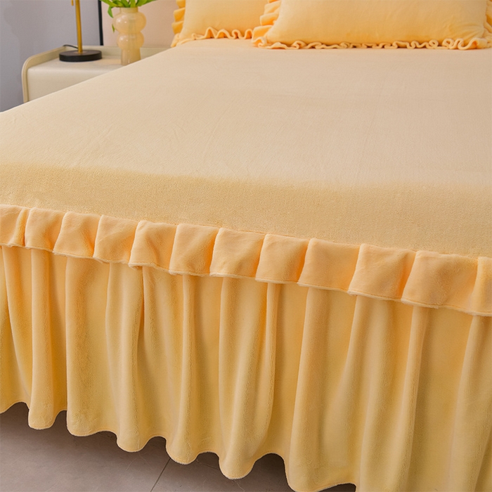 91家纺网 家纺一手货源 找家纺 优家居 2025新款纯色韩版牛奶绒花边床裙床笠四件套单件被套直播爆款 盛世-杏黄