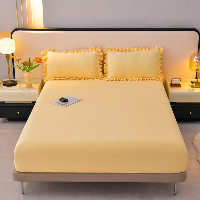 91家纺网 家纺一手货源 找家纺 优家居 2025新款纯色韩版牛奶绒花边床裙床笠四件套单件被套直播爆款 盛世-杏黄