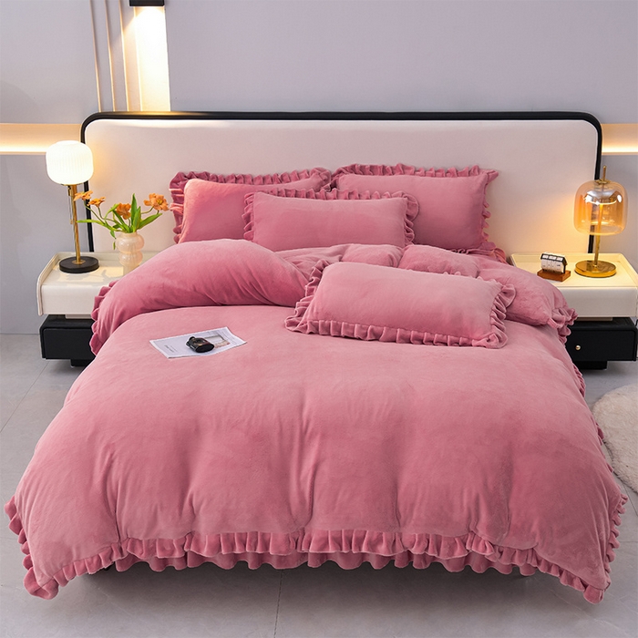 91家纺网 家纺一手货源 找家纺 优家居 2025新款纯色韩版牛奶绒花边床裙床笠四件套单件被套直播爆款 盛世-豆沙