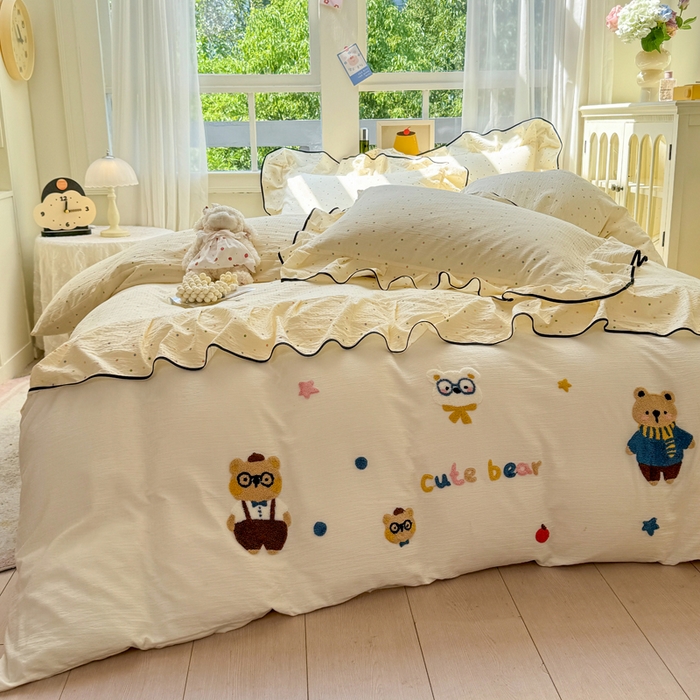 91家纺网 家纺一手货源 找家纺 麋兔 2025新款双层纱毛巾绣花边四件套 熊熊小队