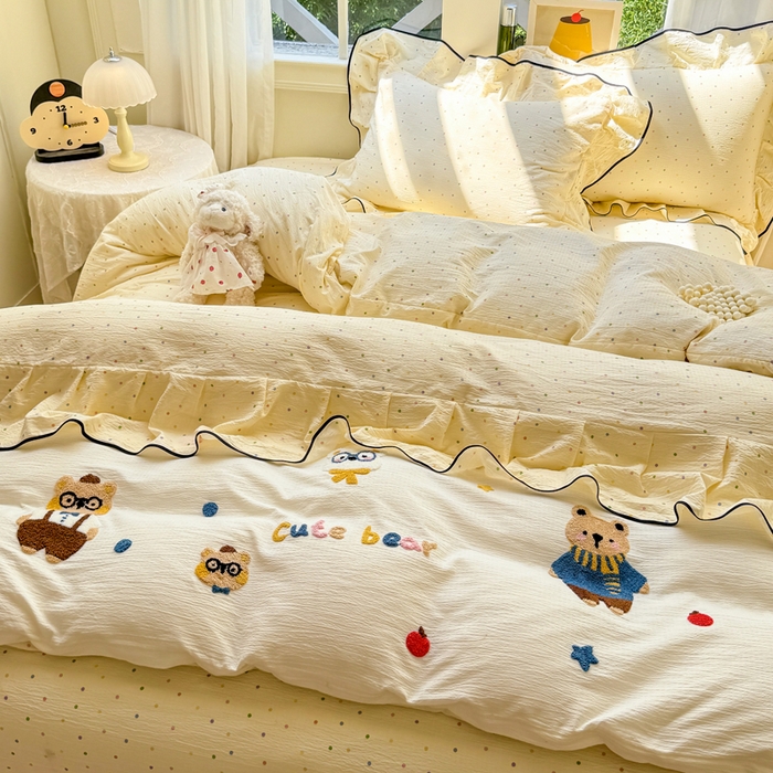 91家纺网 家纺一手货源 找家纺 麋兔 2025新款双层纱毛巾绣花边四件套 熊熊小队