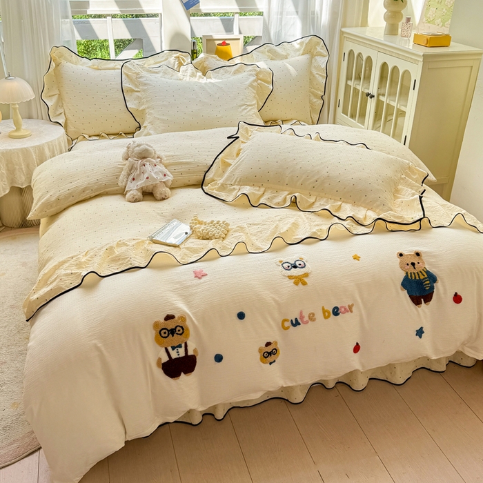 麋兔 2025新款双层纱毛巾绣花边四件套 熊熊小队