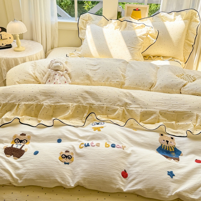 91家纺网 家纺一手货源 找家纺 麋兔 2025新款双层纱毛巾绣花边四件套 熊熊小队