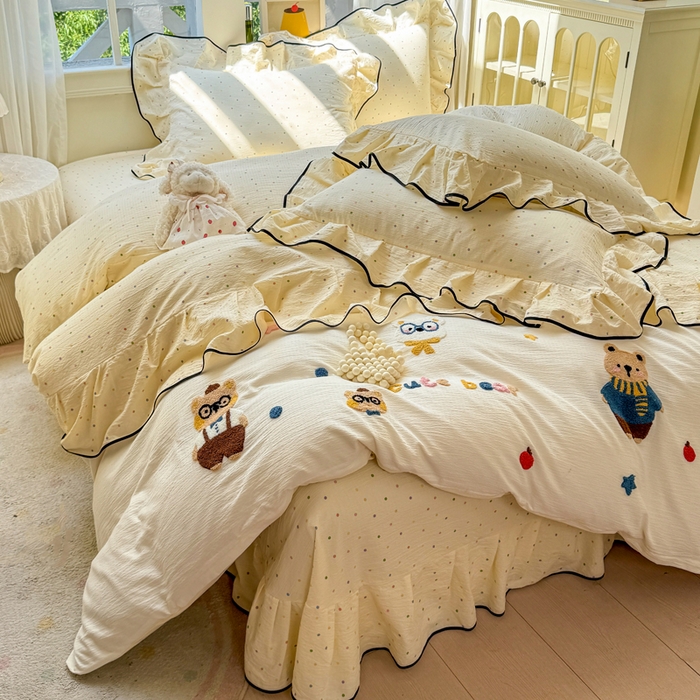 91家纺网 家纺一手货源 找家纺 麋兔 2025新款双层纱毛巾绣花边四件套 熊熊小队