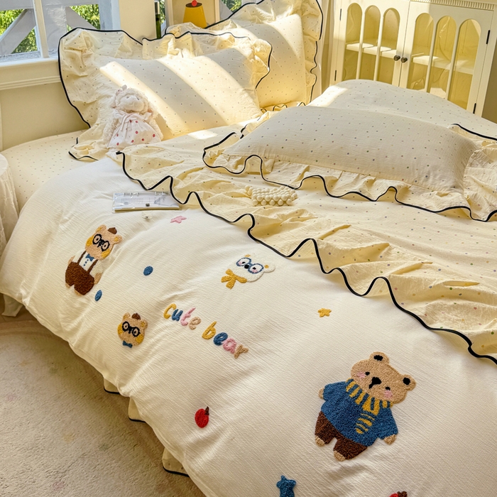 91家纺网 家纺一手货源 找家纺 麋兔 2025新款双层纱毛巾绣花边四件套 熊熊小队