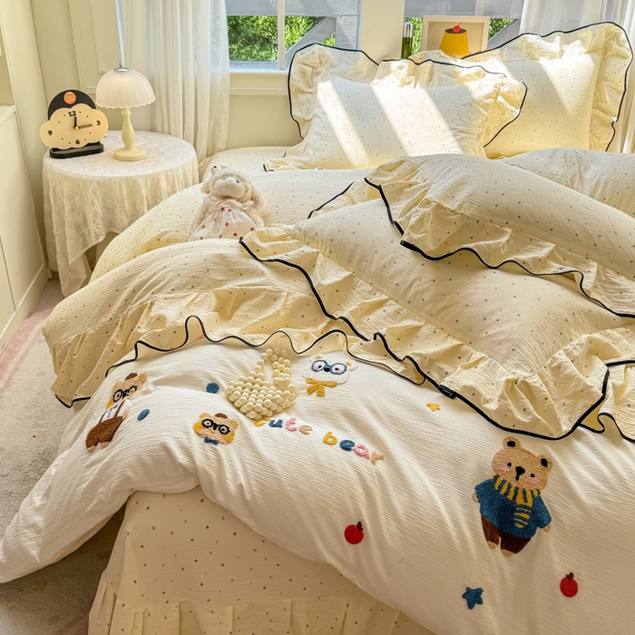 91家纺网 家纺一手货源 找家纺 麋兔 2025新款双层纱毛巾绣花边四件套 熊熊小队