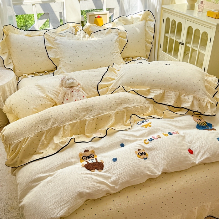 91家纺网 家纺一手货源 找家纺 麋兔 2025新款双层纱毛巾绣花边四件套 熊熊小队