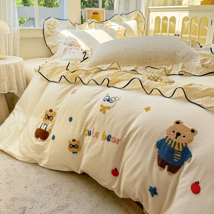 91家纺网 家纺一手货源 找家纺 麋兔 2025新款双层纱毛巾绣花边四件套 熊熊小队