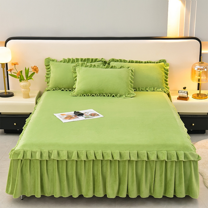 91家纺网 家纺一手货源 找家纺 优家居 2025新款纯色韩版牛奶绒花边床裙床笠四件套单件被套直播爆款 盛世-翠绿