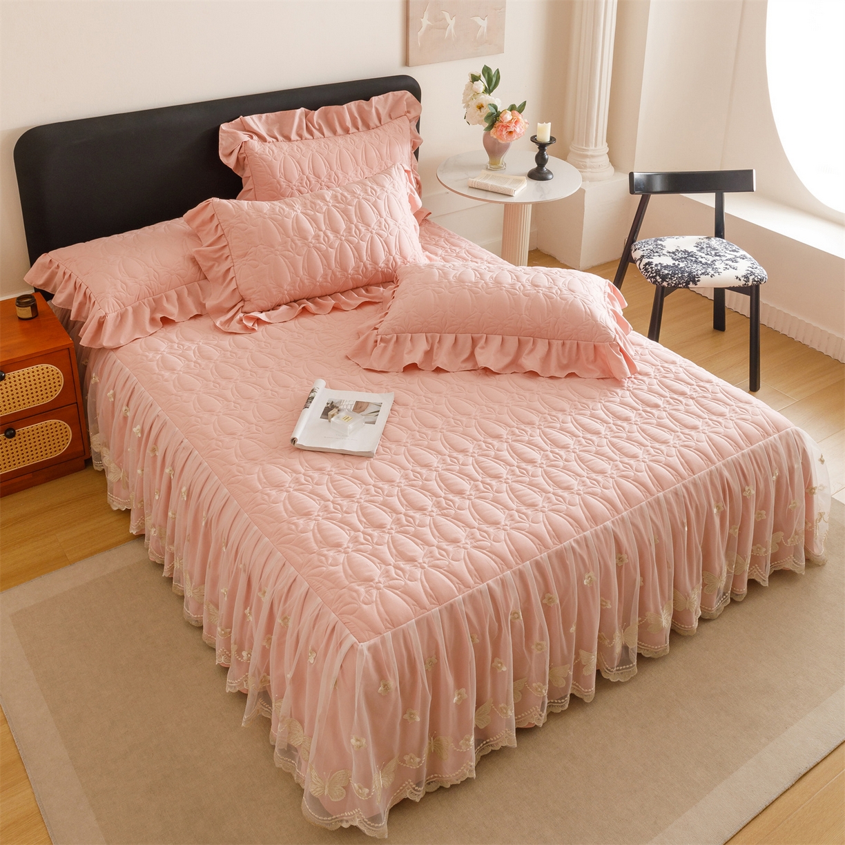 91家纺网 家纺一手货源 找家纺 （总）好儿喜家纺 2025新款A类水洗棉床裙三件套-芳菲系列