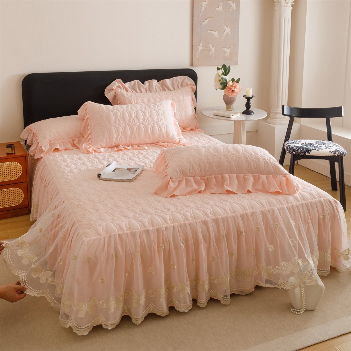 好儿喜家纺 2025新款A类水洗棉床裙三件套-芳菲系列 芳菲-浅粉