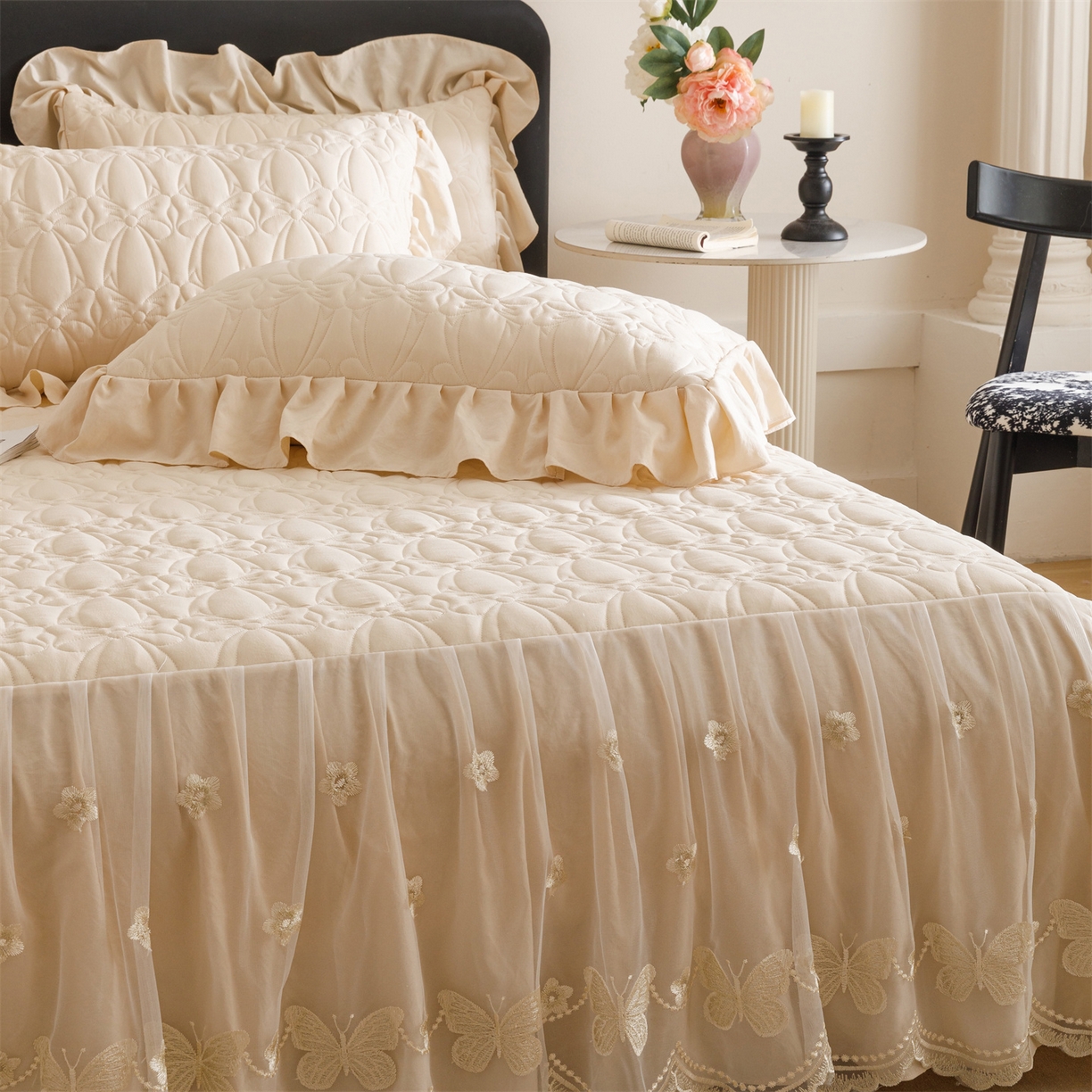 91家纺网 家纺一手货源 找家纺 好儿喜家纺 2025新款A类水洗棉床裙三件套-芳菲系列 芳菲-香槟