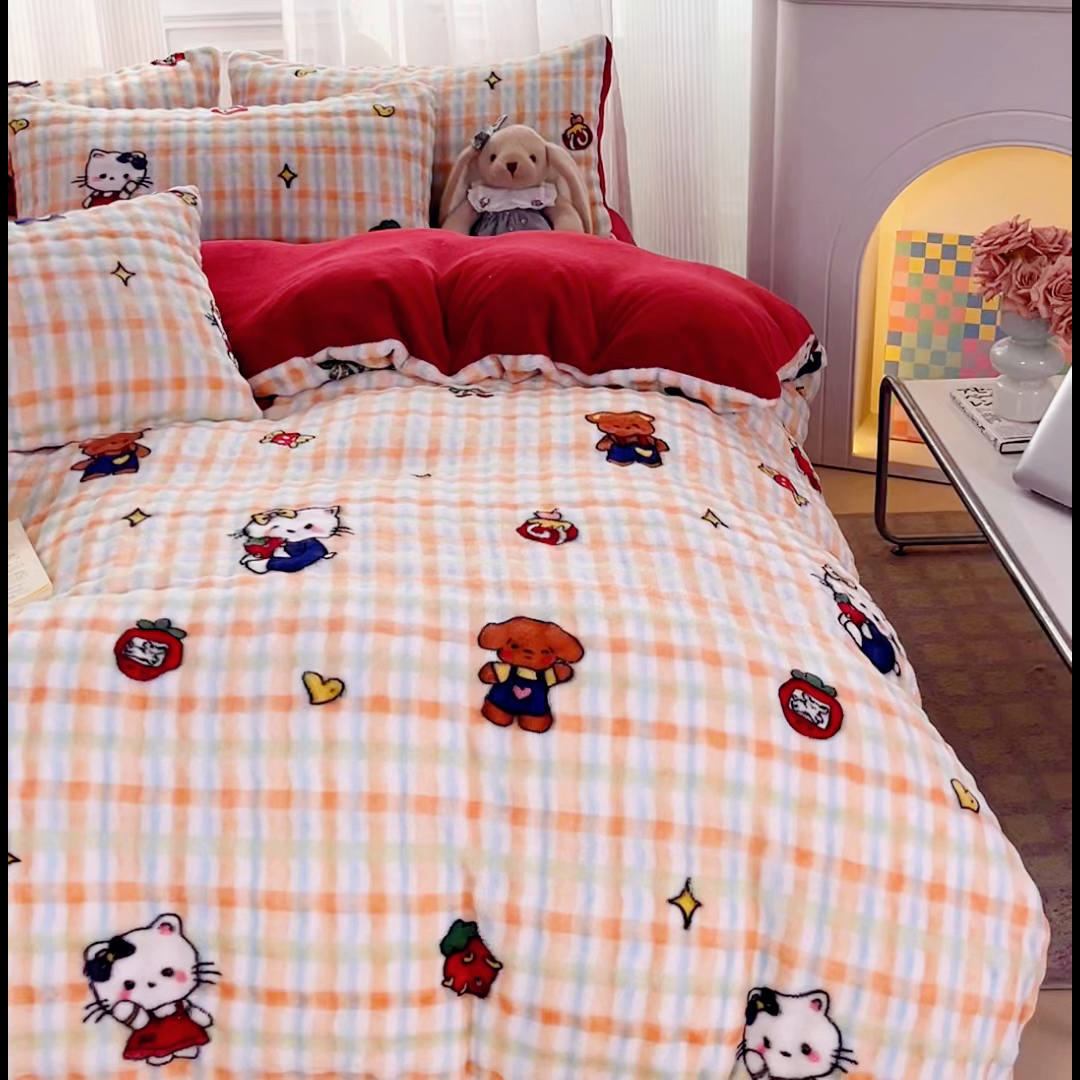 91家纺网 家纺一手货源 找家纺 梦纤绒 2025新款保暖舒适亲肤泡泡绒四件套格子动物园