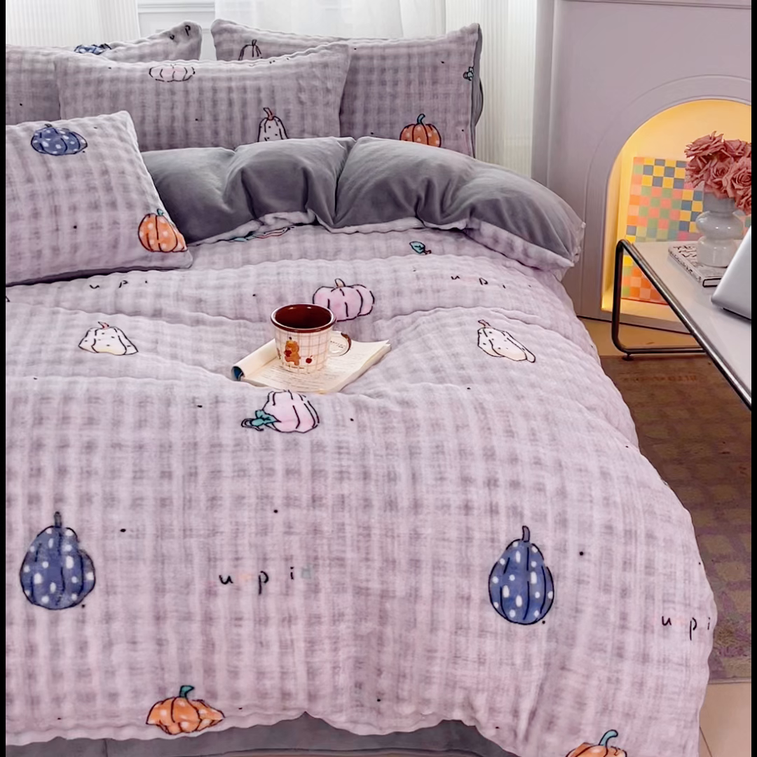 91家纺网 家纺一手货源 找家纺 梦纤绒 2025新款保暖舒适亲肤泡泡绒四件套灰南瓜