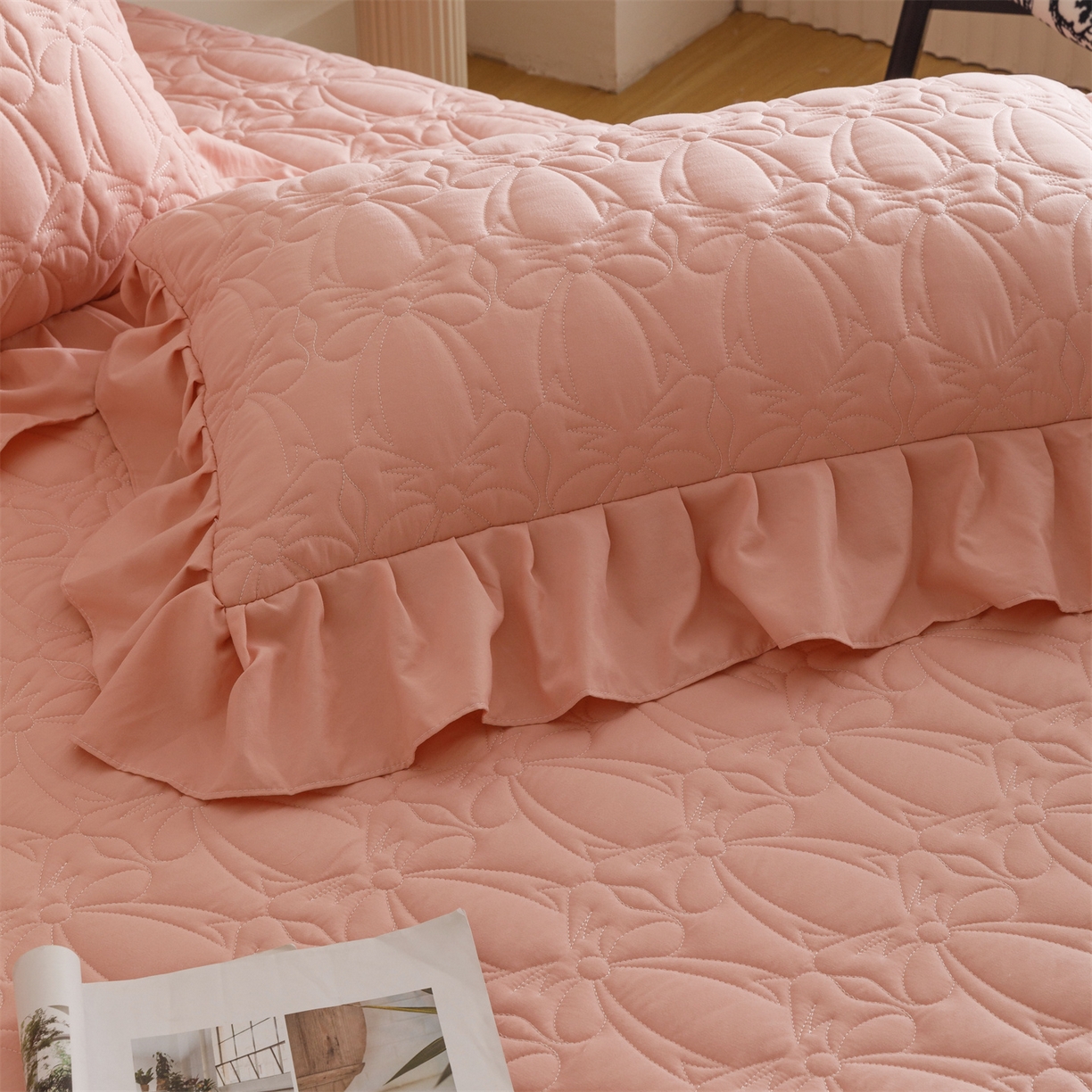 91家纺网 家纺一手货源 找家纺 好儿喜家纺 2025新款A类水洗棉床裙三件套-芳菲系列 芳菲-豆沙