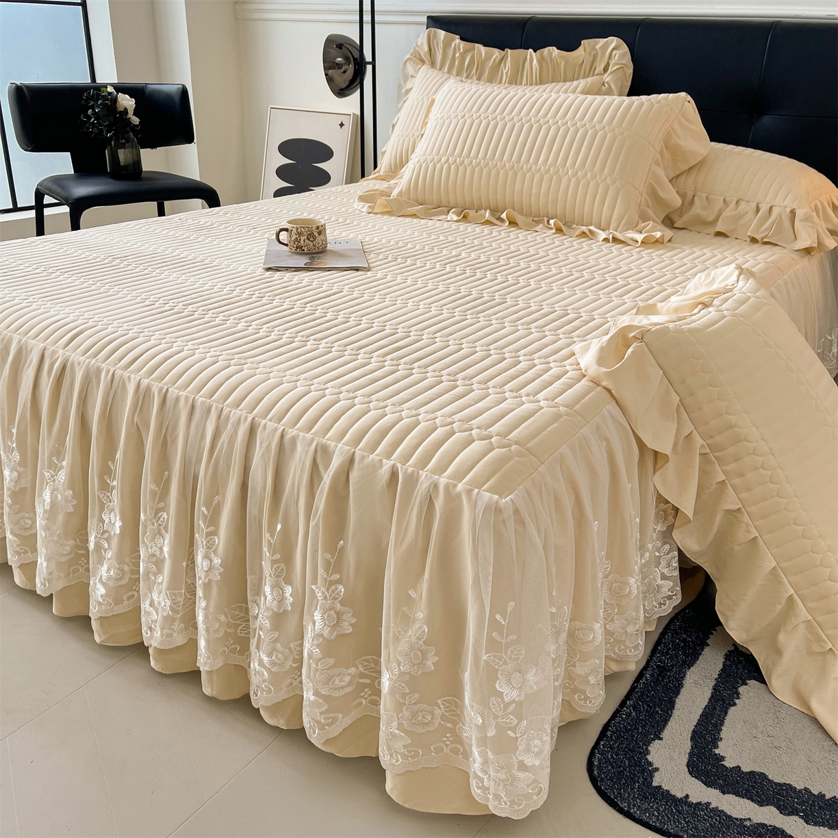 好儿喜家纺 2025新款A类水洗棉床裙三件套-安妮系列 安妮-香槟