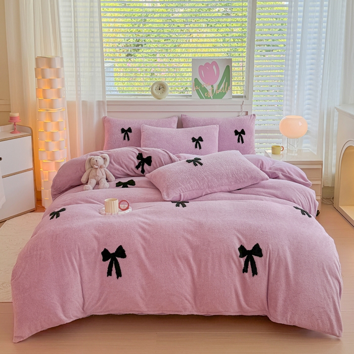 91家纺网 家纺一手货源 找家纺 小叮当家纺仓储工厂店 2025新款舒棉绒提花绣花四件套 舒棉绒提花-蝴蝶结粉色