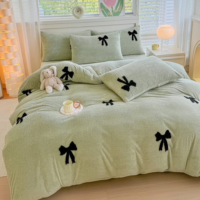 91家纺网 家纺一手货源 找家纺 小叮当家纺仓储工厂店 2025新款舒棉绒提花绣花四件套 舒棉绒提花-蝴蝶结绿色