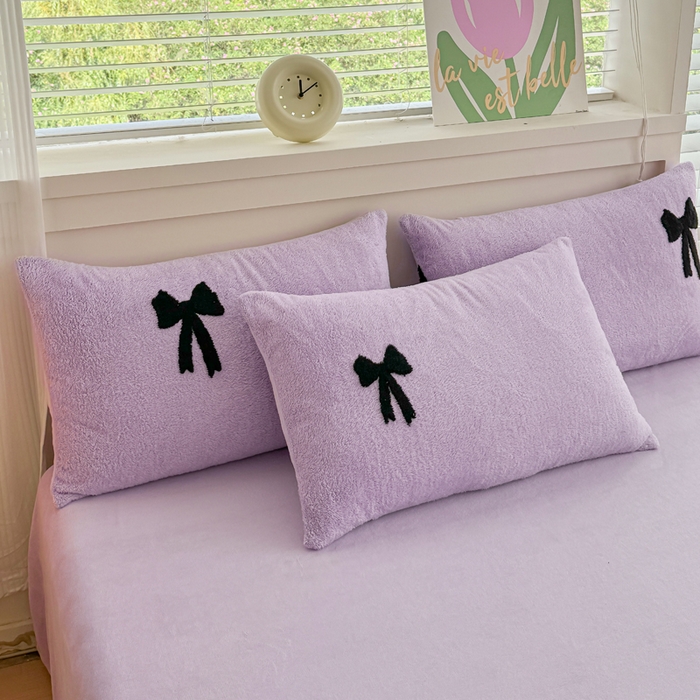 91家纺网 家纺一手货源 找家纺 小叮当家纺仓储工厂店 2025新款舒棉绒提花绣花四件套 舒棉绒提花-蝴蝶结紫色