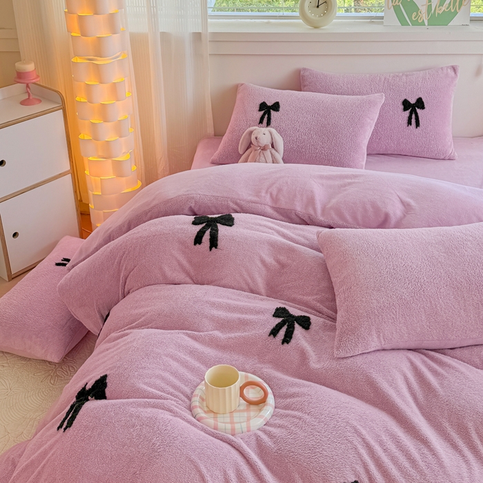 91家纺网 家纺一手货源 找家纺 小叮当家纺仓储工厂店 2025新款舒棉绒提花绣花四件套 舒棉绒提花-蝴蝶结粉色