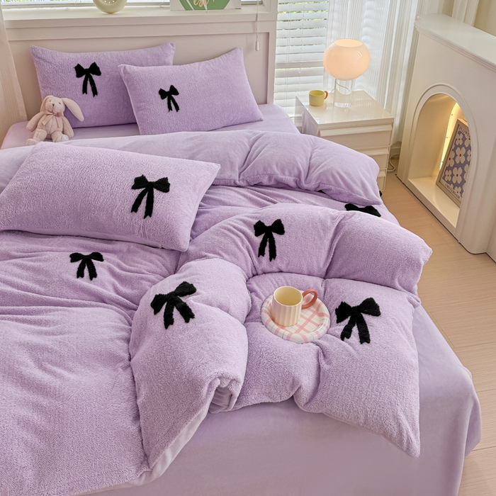 91家纺网 家纺一手货源 找家纺 小叮当家纺仓储工厂店 2025新款舒棉绒提花绣花四件套 舒棉绒提花-蝴蝶结紫色