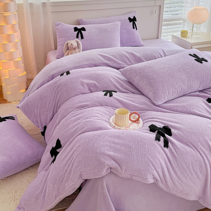 91家纺网 家纺一手货源 找家纺 小叮当家纺仓储工厂店 2025新款舒棉绒提花绣花四件套 舒棉绒提花-蝴蝶结紫色