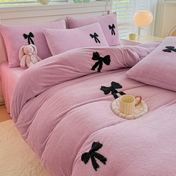 91家纺网 家纺一手货源 找家纺 小叮当家纺仓储工厂店 2025新款舒棉绒提花绣花四件套 舒棉绒提花-蝴蝶结粉色