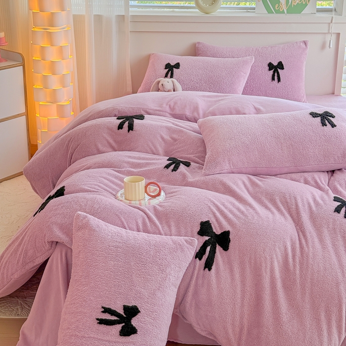 91家纺网 家纺一手货源 找家纺 小叮当家纺仓储工厂店 2025新款舒棉绒提花绣花四件套 舒棉绒提花-蝴蝶结粉色