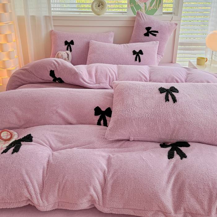 91家纺网 家纺一手货源 找家纺 小叮当家纺仓储工厂店 2025新款舒棉绒提花绣花四件套 舒棉绒提花-蝴蝶结粉色