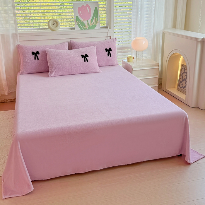 91家纺网 家纺一手货源 找家纺 小叮当家纺仓储工厂店 2025新款舒棉绒提花绣花四件套 舒棉绒提花-蝴蝶结粉色