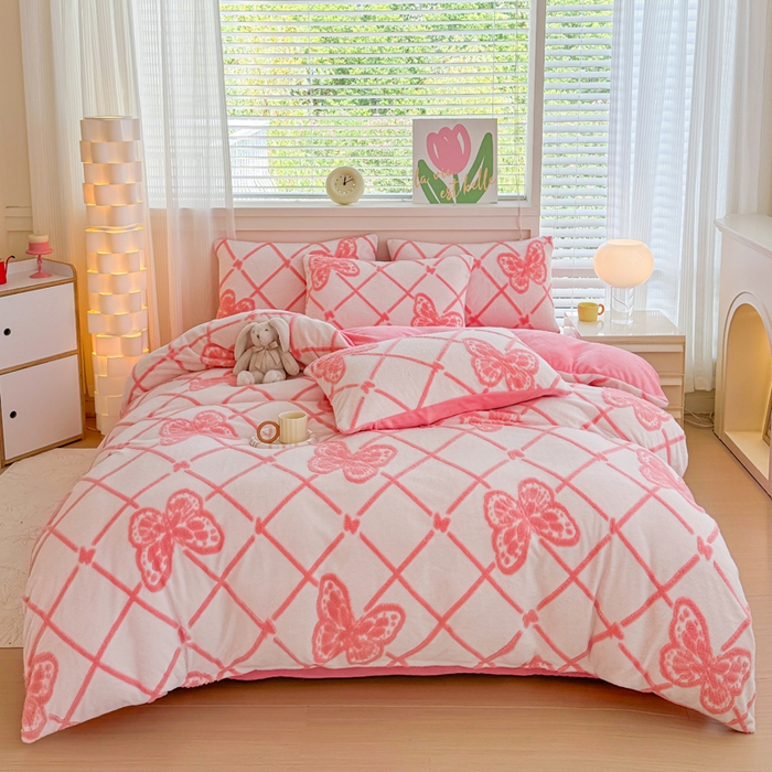 小叮当家纺仓储工厂店 2025新款舒棉绒提花绣花四件套 舒棉绒提花-蝶梦