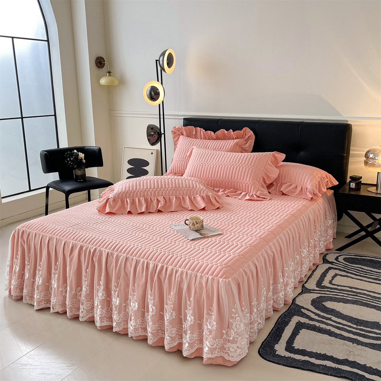 91家纺网 家纺一手货源 找家纺 好儿喜家纺 2025新款A类水洗棉床裙三件套-安妮系列 安妮-浅豆沙