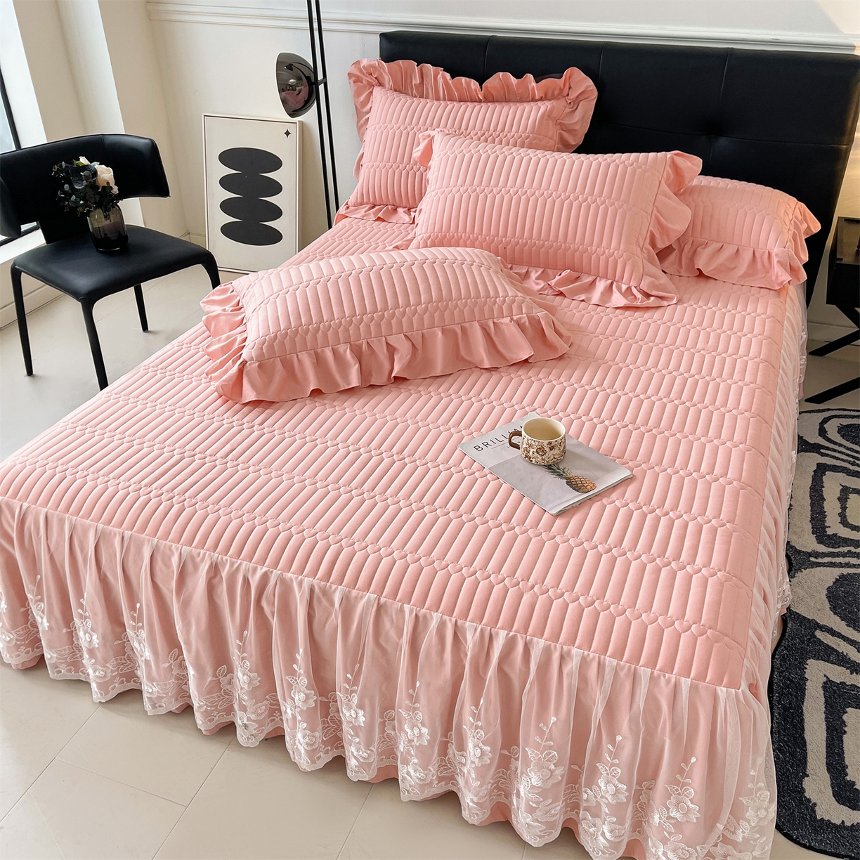 91家纺网 家纺一手货源 找家纺 好儿喜家纺 2025新款A类水洗棉床裙三件套-安妮系列 安妮-浅豆沙