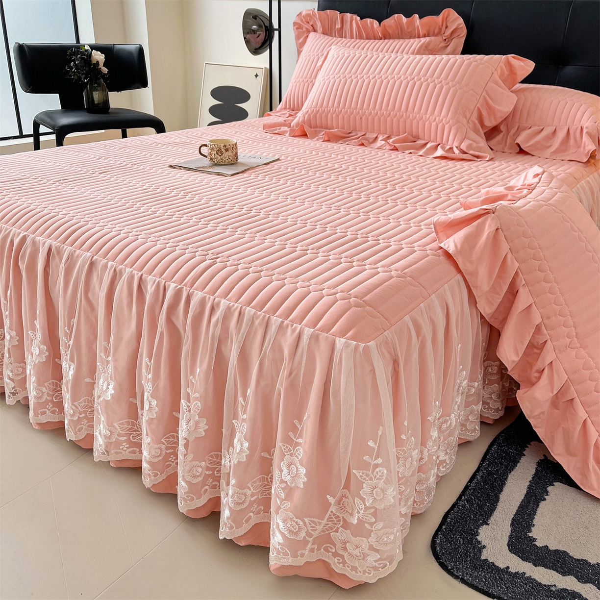 好儿喜家纺 2025新款A类水洗棉床裙三件套-安妮系列 安妮-浅豆沙