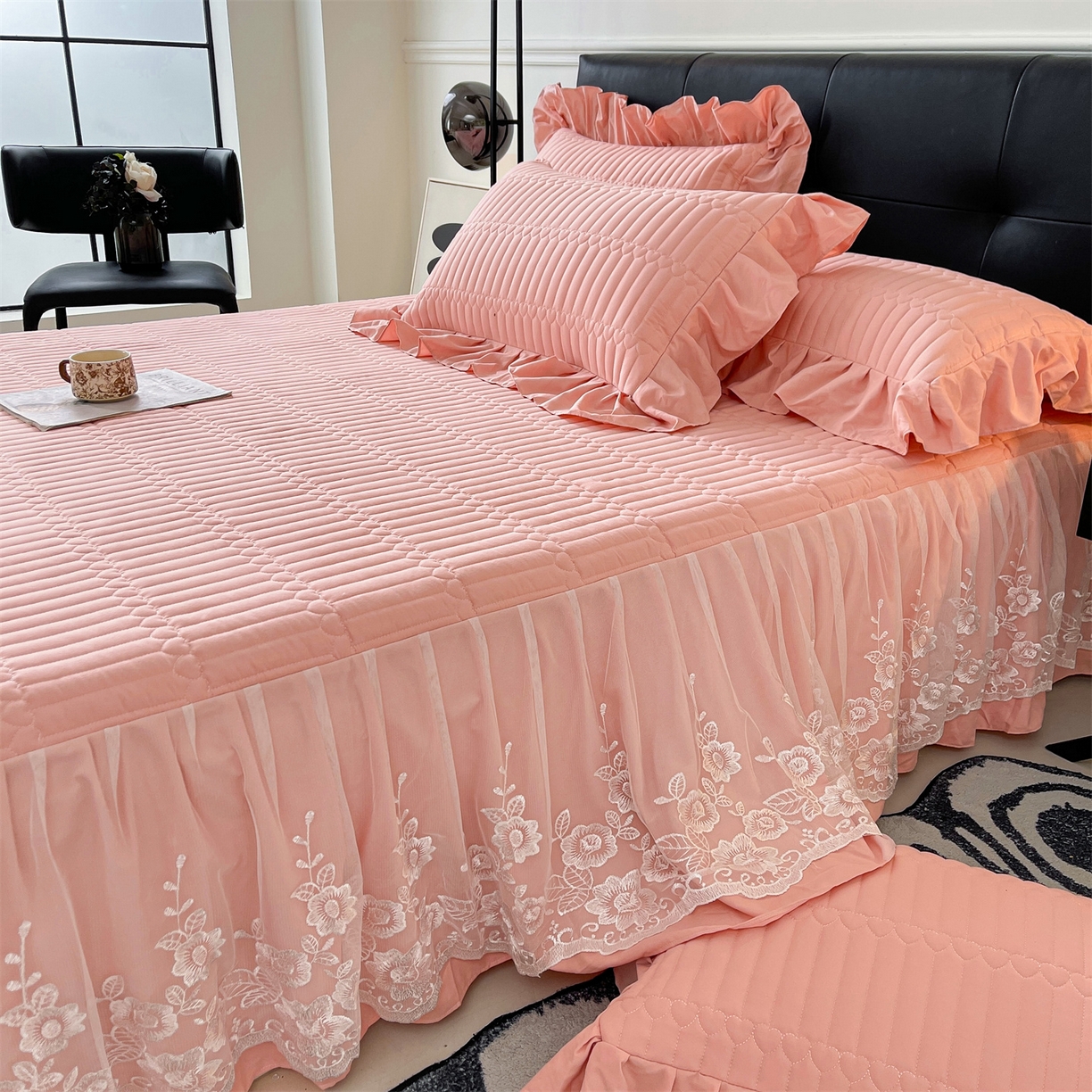 91家纺网 家纺一手货源 找家纺 好儿喜家纺 2025新款A类水洗棉床裙三件套-安妮系列 安妮-浅豆沙